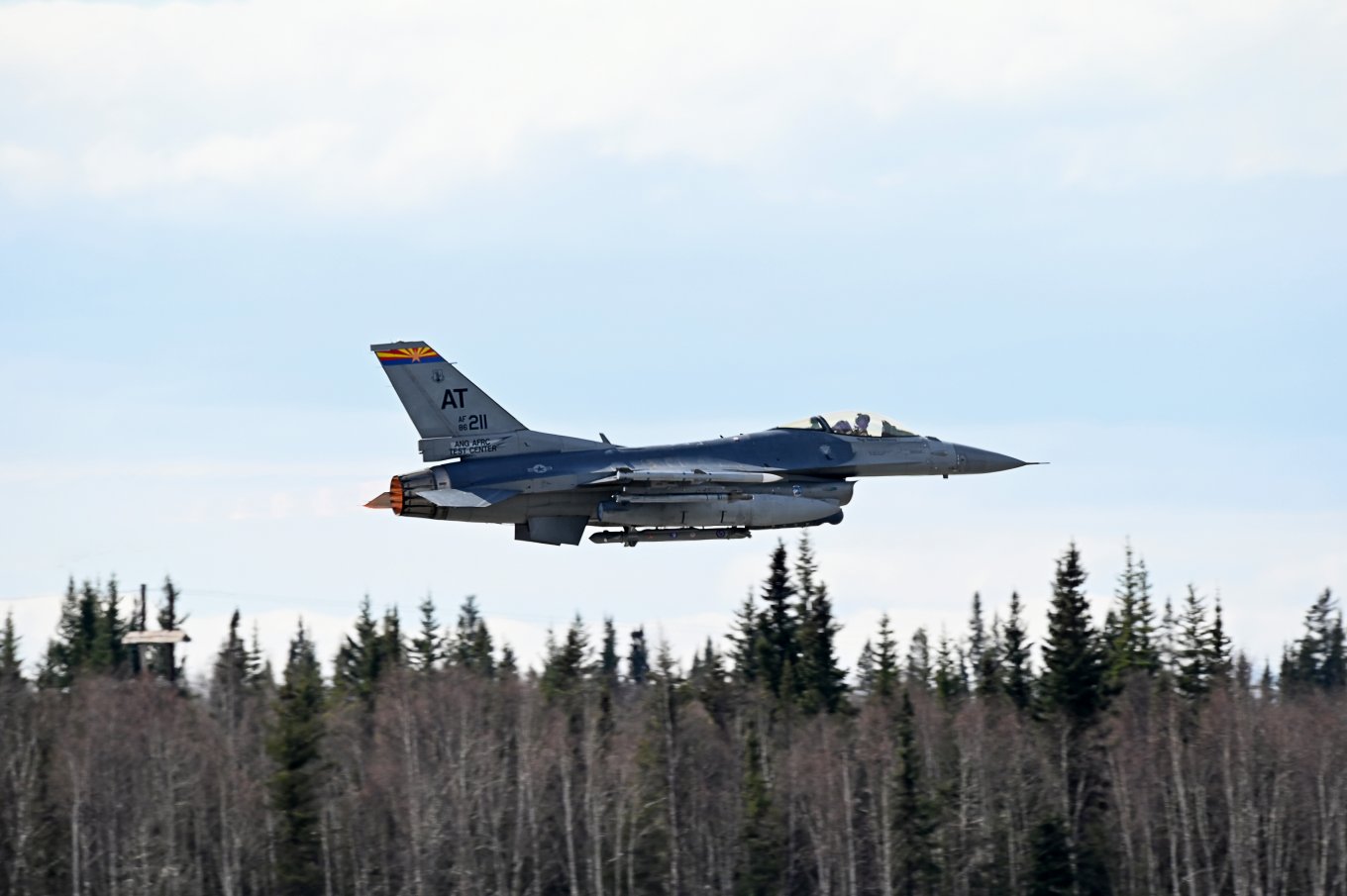 An F-16 Fighting Falcon aircraft launch, Alaska, May 9, Northern Edge 2023 Defense Express U.S. Tested Angry Kitten EW System on F-16 and A-10A Aircraft, Tanker Intelligent Gateway on KC-135R Tanker, and Upgraded MQ-9 Reaper UAV
