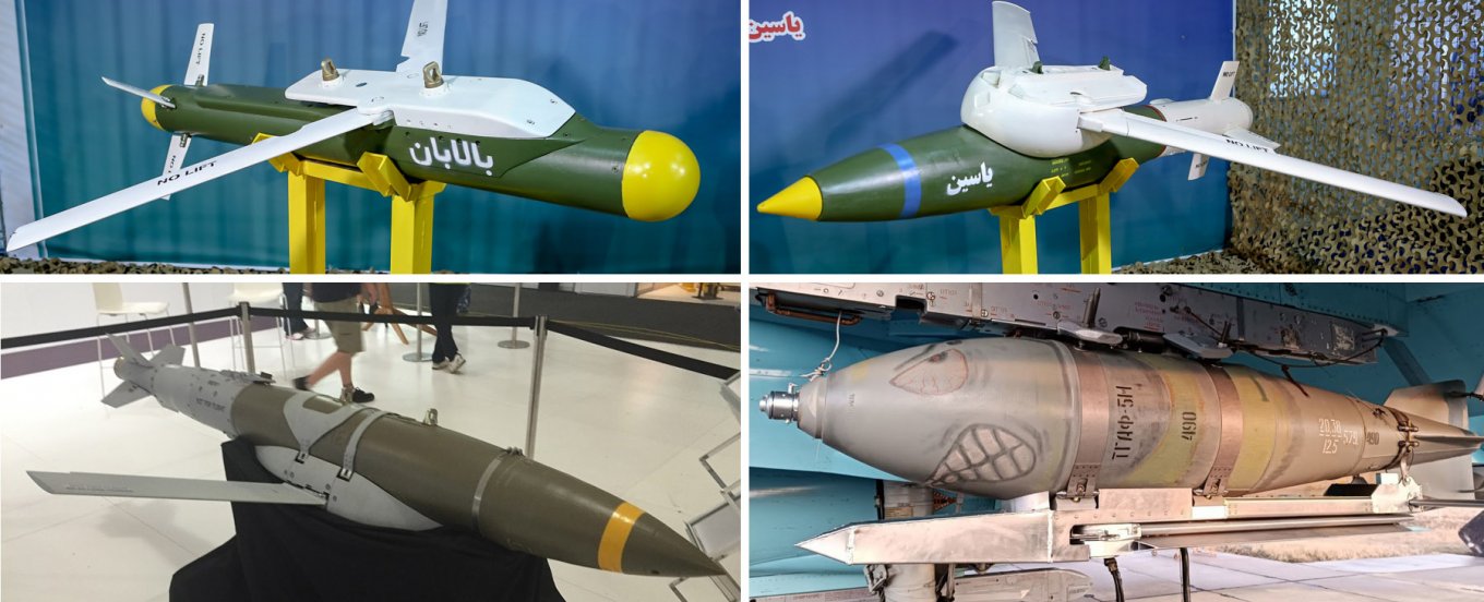 Visual comparison of the iranian Balaban and Yasin (above), the original JDAM-ER (bottom left) and the russian UMPK / Open source photos