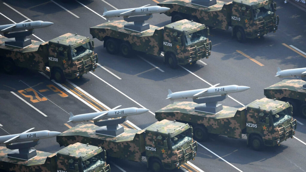 YJ-18 anti-ship missile on trasnporter pods during a military parade