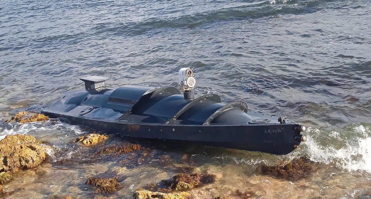 An unmanned craft washed up on a beach in Russian-occupied Crimea in September 2022. Image via Telegram.