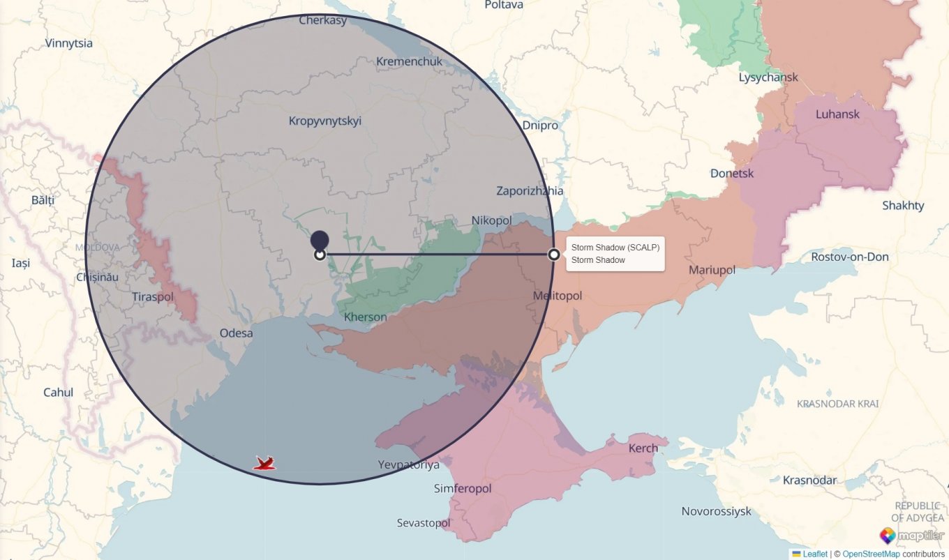 The approximate coverave of a Storm Shadow / SCALP-EG cruise missile if launched from near the Olshanska colony. The estimate is based on the declared operational range of 250 km / Defense Express / Distance From Storm Shadow / SCALP Release Point to Frontline Showcased By Ukrainian Su-24, Analyzed