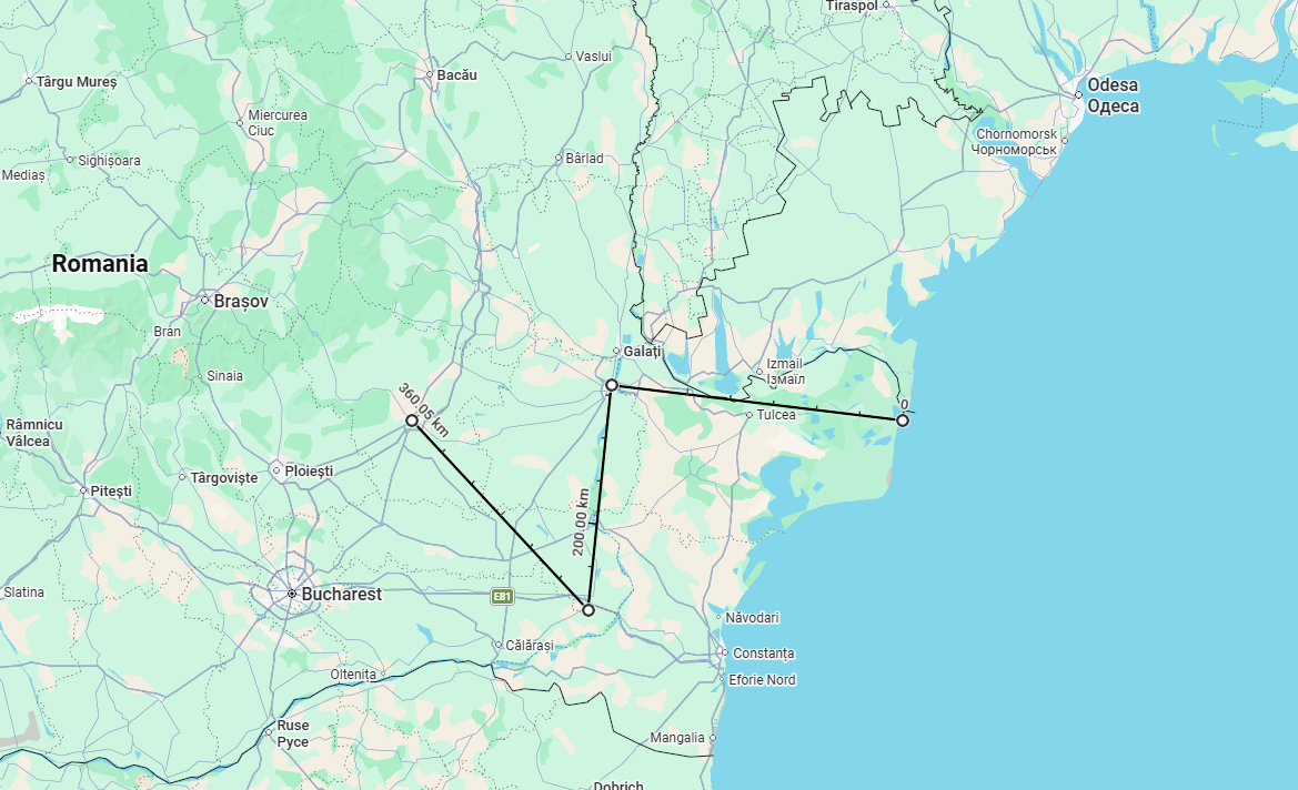 russia’s UAV Flew Over Romania for Over 350 km, Chased by 4 fighters, Appears to Have Been a Jet, Distances between cities where russia’s UAV was recorded flying over Romanian airspace on July 24, 2026