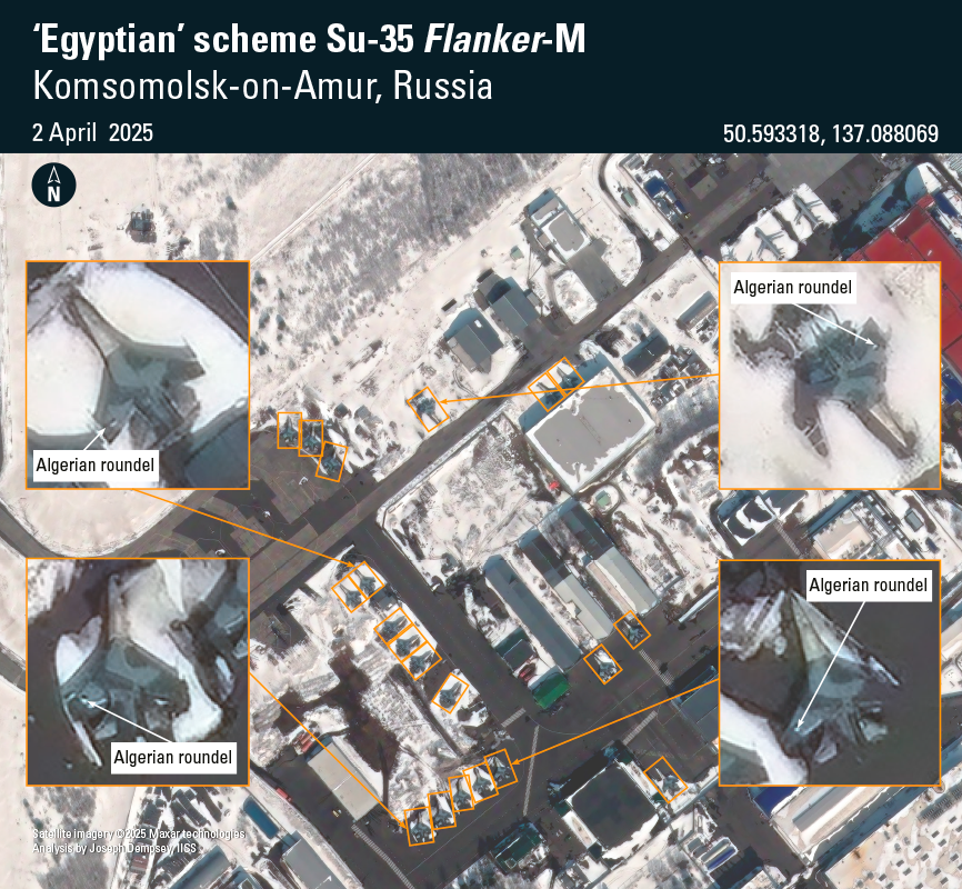 Algerian Air Force markings applied to russian Su-35s / Defense Express / Satellite Caught russia Bring Su-35 to Algeria and Reveals the Number of Operational Su-57s