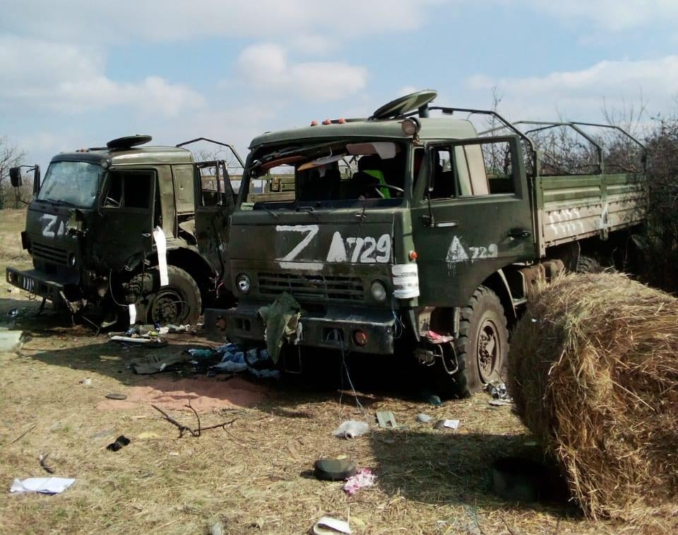 Two russian KaMaZ trucks, that were destroyed by Ukrainian troops