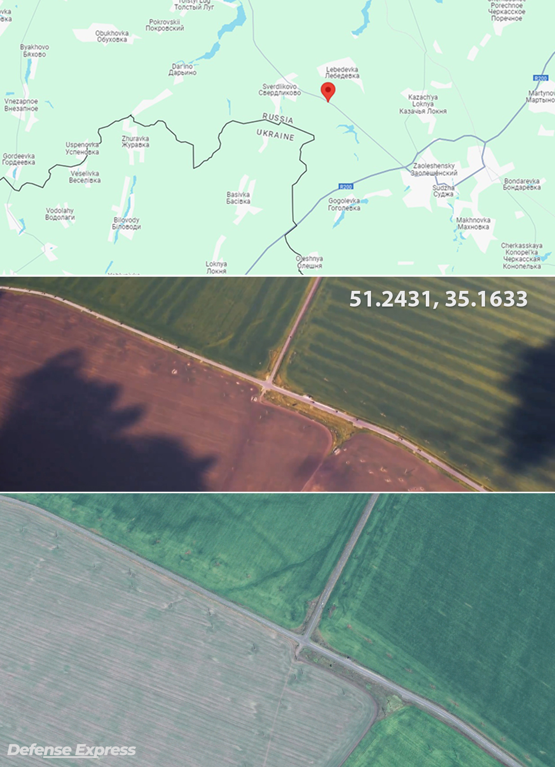 The exact location where the events depicted on the video took place / Defense Express / Ukrainian FPV Drones Tear Apart russian Military Column Like It's 2022 (Video)