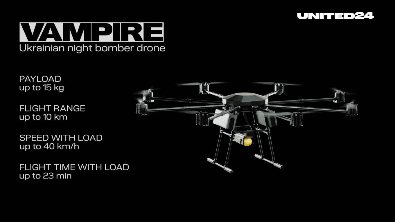 Vampire UAV declared specifications / Defense Express / Vampire UAV: Works at Night Delivering Supplies to Allies and Bombs onto Enemies