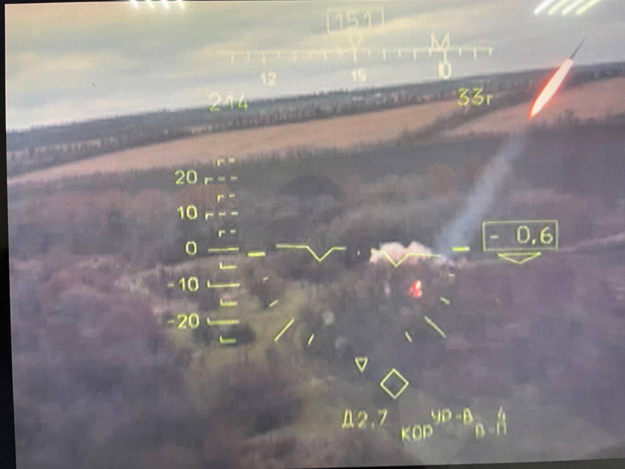 An artillery rocket fired by an MLRS near-hitting the Ka-52 / Defense Express / Careless MLRS Shootings Threaten russian Helicopters With Friendly Fire, At Least One Ka-52 Reported Down