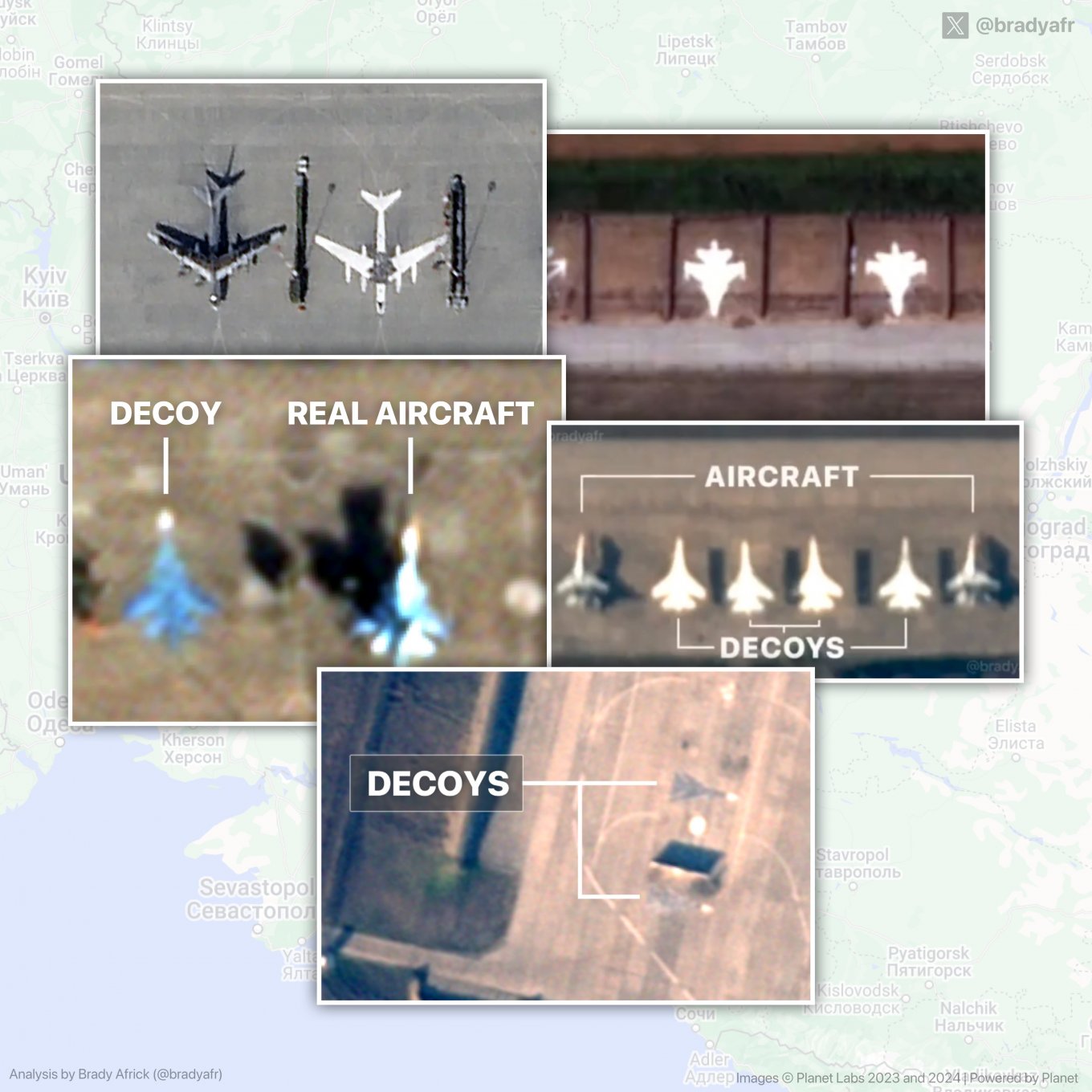 Satellite images of russian airfields from January 2024, with fake 