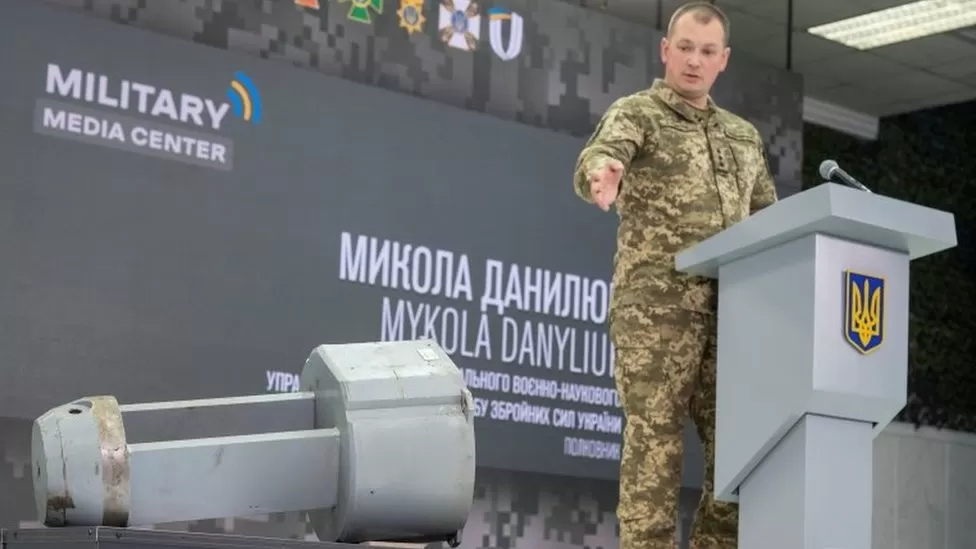 Mykola Danyliuk, representative of the Central Military-Scientific Department of the General Staff of the Armed Forces of Ukraine, presents the nuclear charge imitator to the journalists, December 2, 2022
