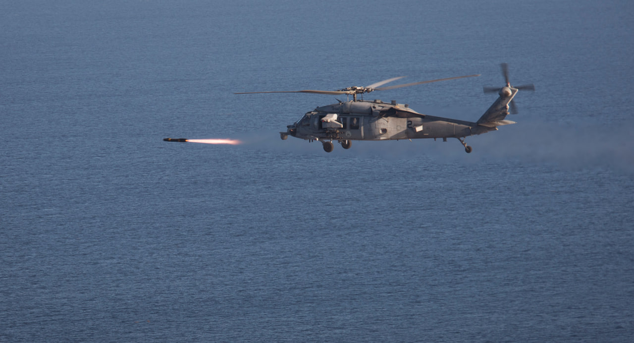 AGM-114 Hellfire missile launch from MH-60S Seahawk helicopter
