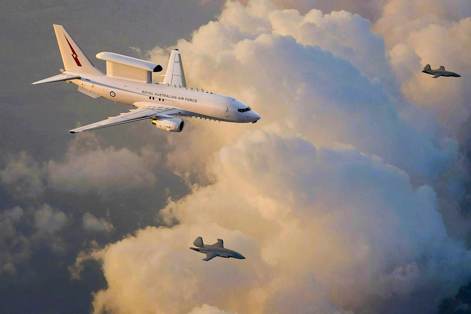 Australian E-7 Wedgetail controlling two MQ-28 Ghost Bat stealth UAVs