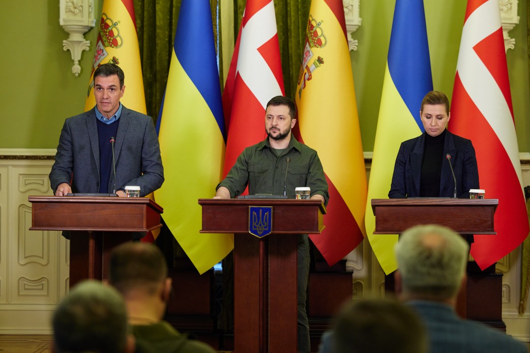 Danish Prime Minister Mette Frederiksen and Spanish Prime Minister Pedro Sánchez during the briefing with the President of Ukraine Volodymyr Zelensky in Kyiv, photo - Office of the President of Ukraine