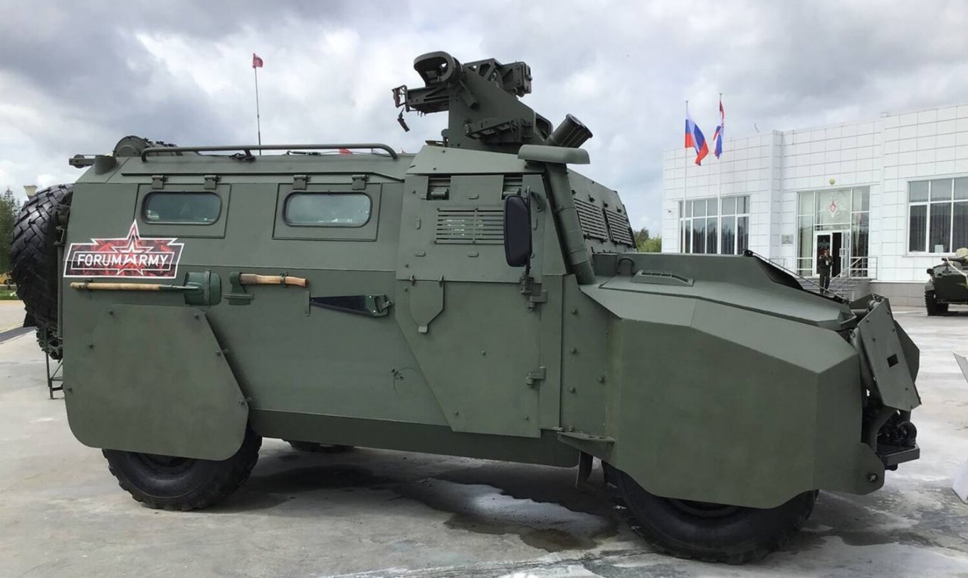 The upgraded Tigr vehicle with additional armor at the Armiya-2023 military forum in russia