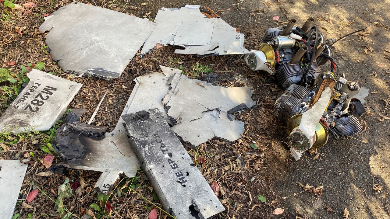 Parts of a downed Shahed-136 drone after russian strike on fuel storage facilities in Kharkiv, Ukraine, on October 6, 2022