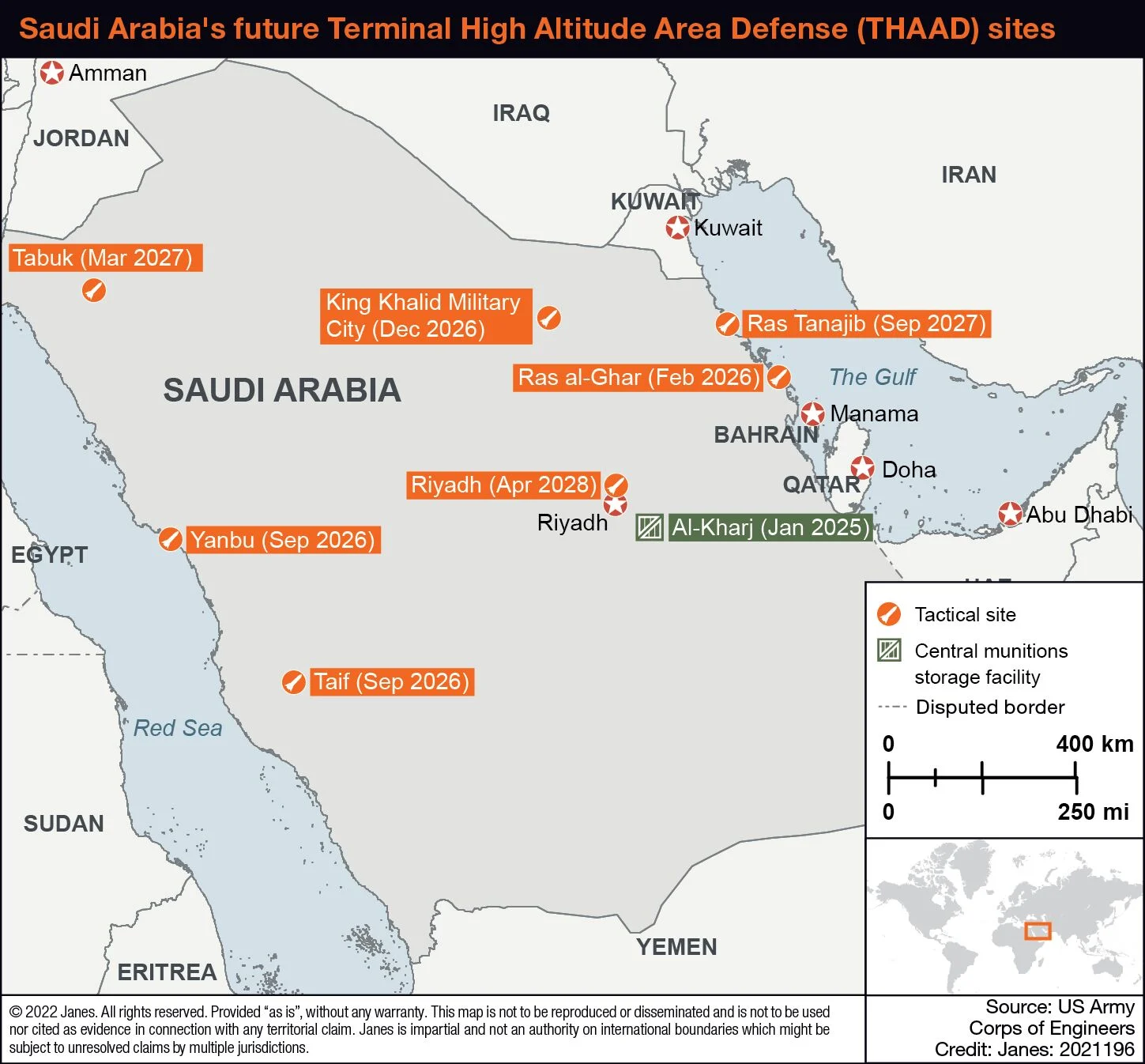 The map showcases the approximate locations of future Saudi THAAD sites, source: Janes