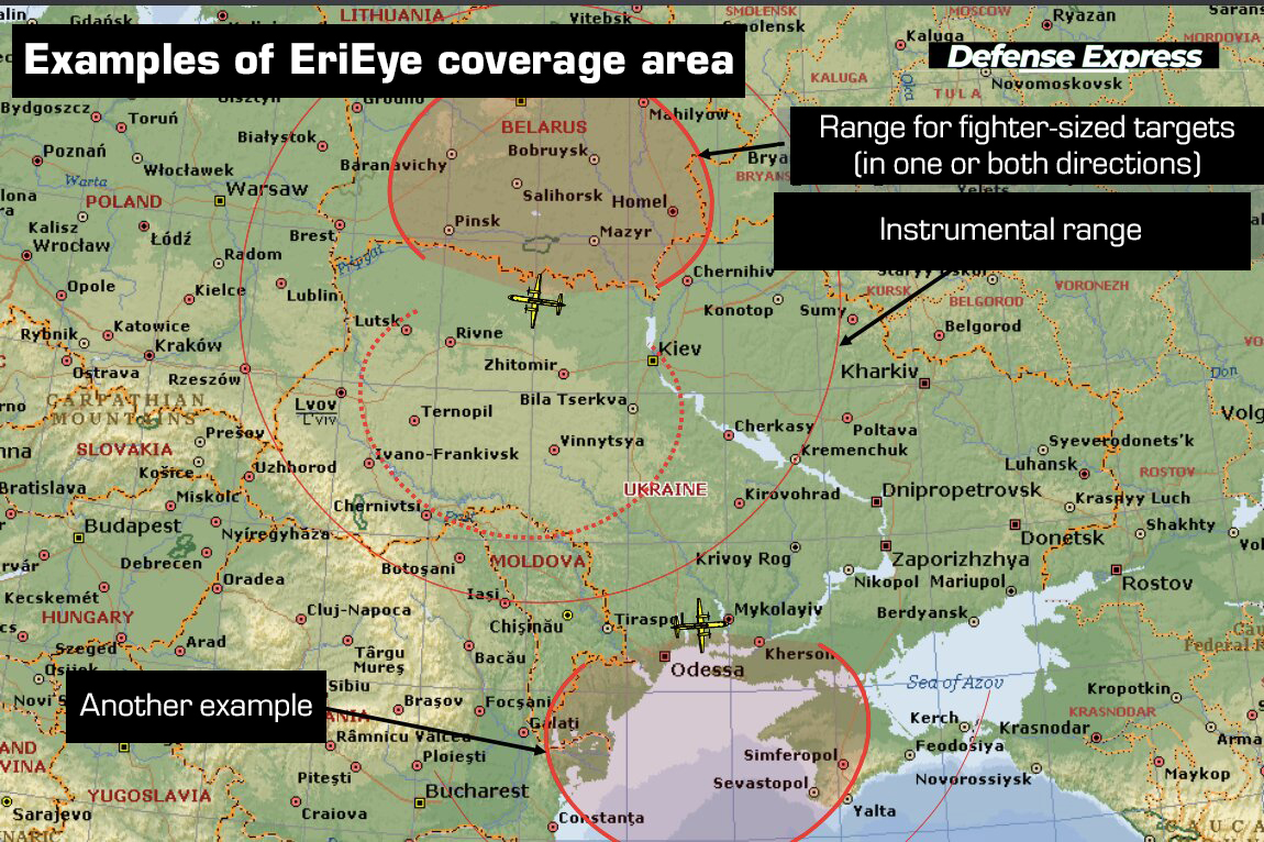 Examples of the possible coverage area over Ukraine of an AEW&C system with the EriEye radar / Defense Express / Numbers Make Difference: Sweden Gives Ukraine Two Saab 340 AEW&Cs, Not One