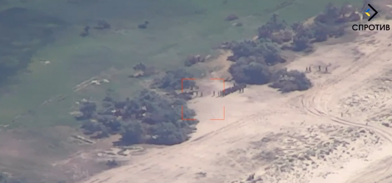 russians line up for training, as viewed in the lens of a Ukrainian reconnaissance drone loitering above the island / Still image from the video published by the National Resistance Center of Ukraine