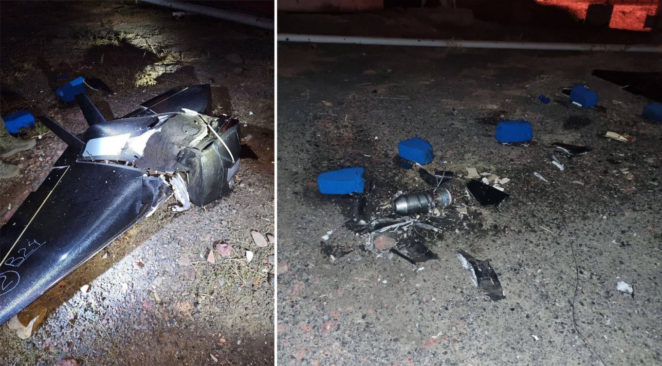 The remnants of Ukrianian attack drones, reportedly found near the oil base / Defense Express / Ukraine's Drone Strike on Oil Depot in Rovenky Possibly Involved Mysterious Jet Drones