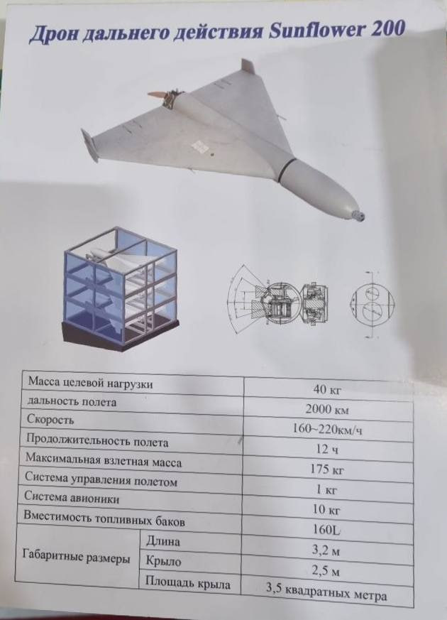 Specifications sheet on the Chinese Sunflower 200 kamikaze drone Presentated at the Armiya-2023 forum in russia, August 2023 / Defense Express / Chinese Drones Used in Attack on Sudan Were Seen at a 2023 Military Expo in russia