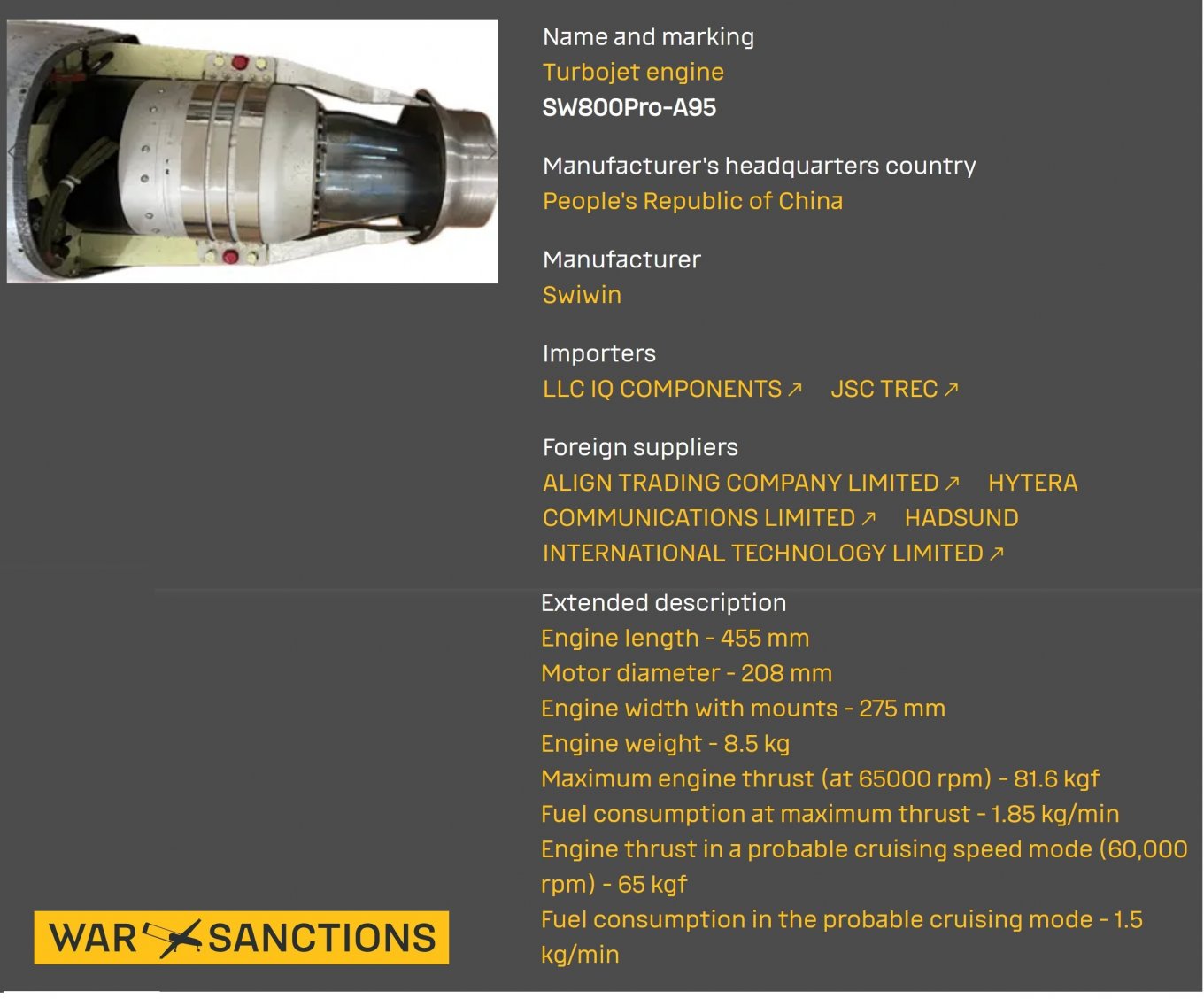 Chinese SW800 engine manufactured by Swiwin