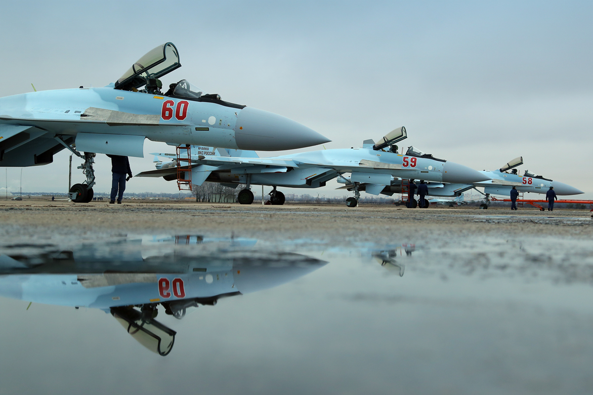 Illustrative photo russian Su-35 fighters on a military airfield