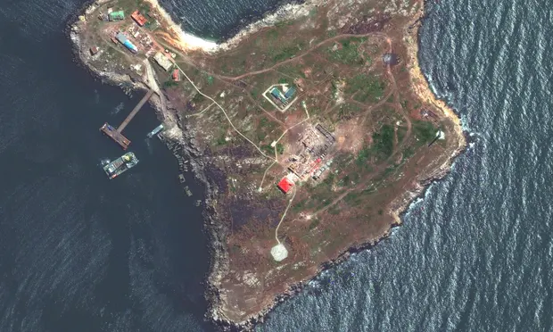 A satellite image of military facilities on Snake Island taken in May
