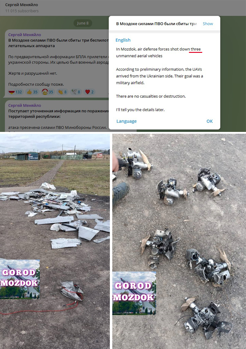 Screenshot of Menyaylo's statement on Telegram, photos of drone wreckage collected / Defense Express / Ukraine's Liutyi UAV Reaches Mozdok Where Tu-22M3 and MiG-31K Take Off, russia Claims All Drones are Down