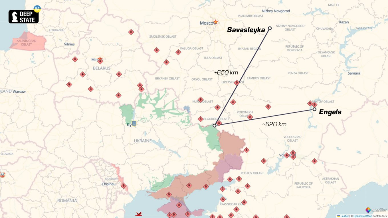 The approximate locations and distances to the russian airfields regularly hosting strategic aircraft / Defense Express / ATACMS Wouldn't Reach Airfields With Tu-95MS Bombers But Ukraine Needs Their Full Potential Nonetheless