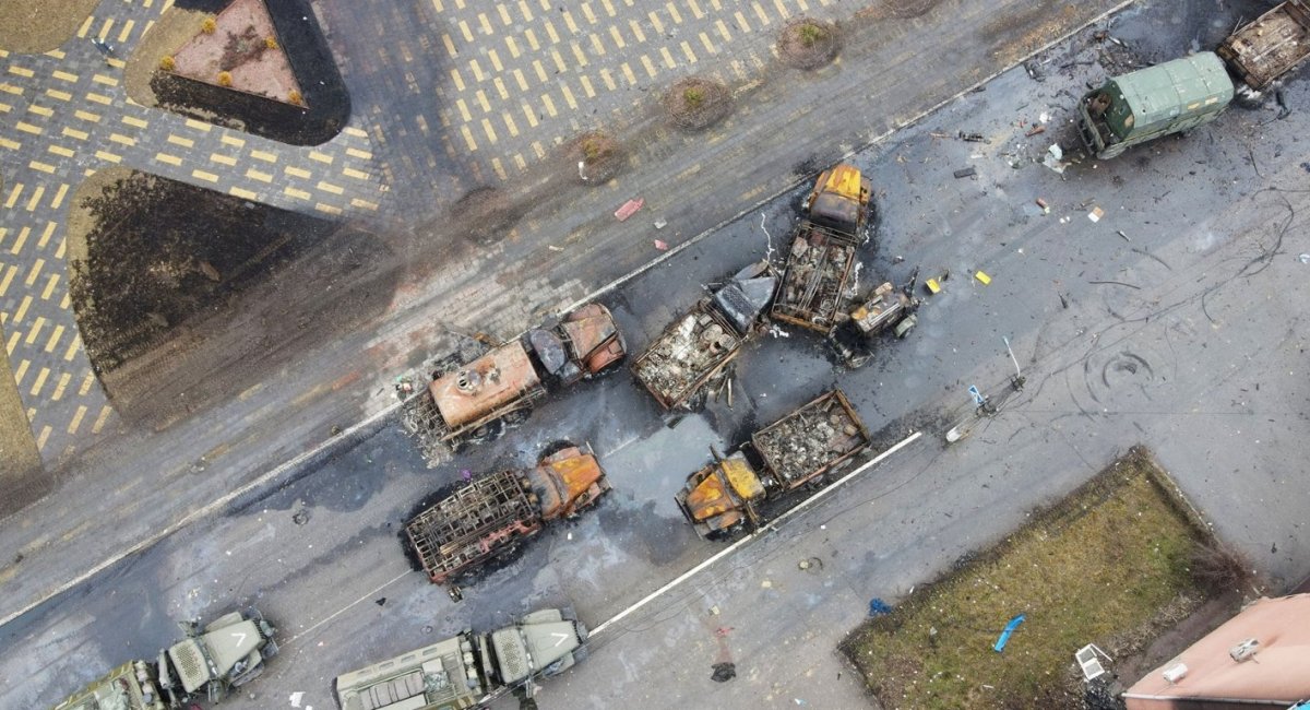 Destroyed Russian military vehicles are seen on a street in the settlement of Borodyanka, the Kyiv region, Defense Express, war in Ukraine, Russian-Ukrainian war