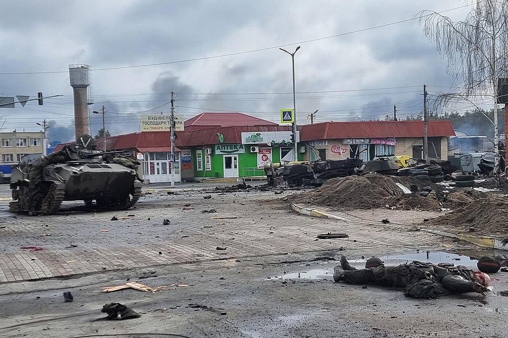Russian casualties and damaged armoured vehicles in the aftermath of the battle on 4 March in Hostomel, Defense Express