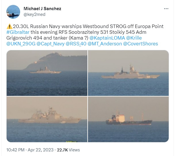 The group of russian ships that left the Mediterranean Sea a week ago