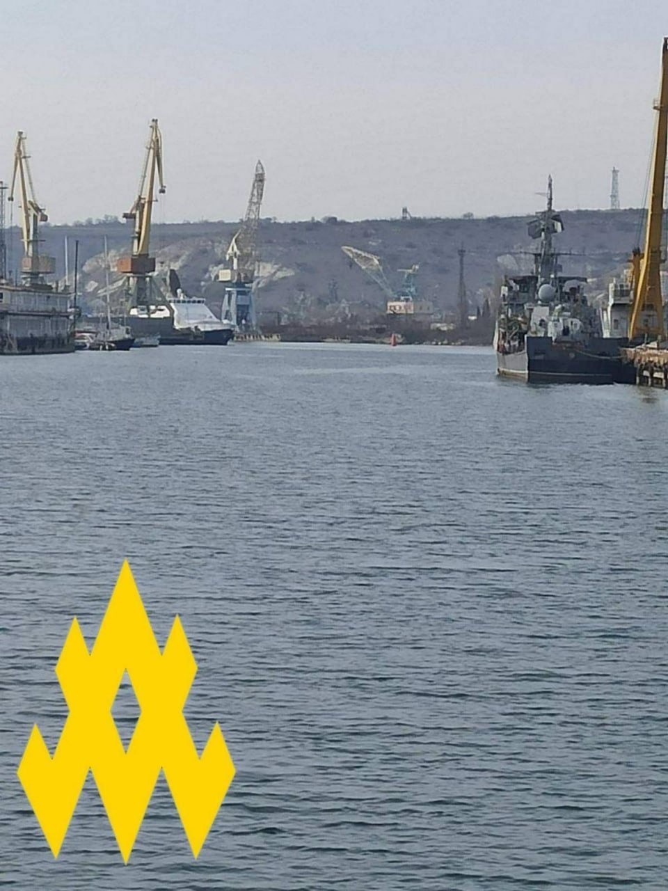 The Albatros Project 1124M ship Defense Express The Atesh Movement Sports russian Anti-Submarine Ship at Decommissioning Pier in Temporarily Occupied Sevastopol