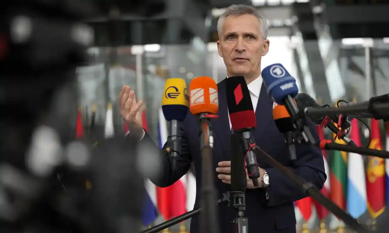 NATO Secretary General Jens Stoltenberg speaks as he arrives for a meeting of NATO foreign ministers at NATO headquarters in Brussels, Defense Express
