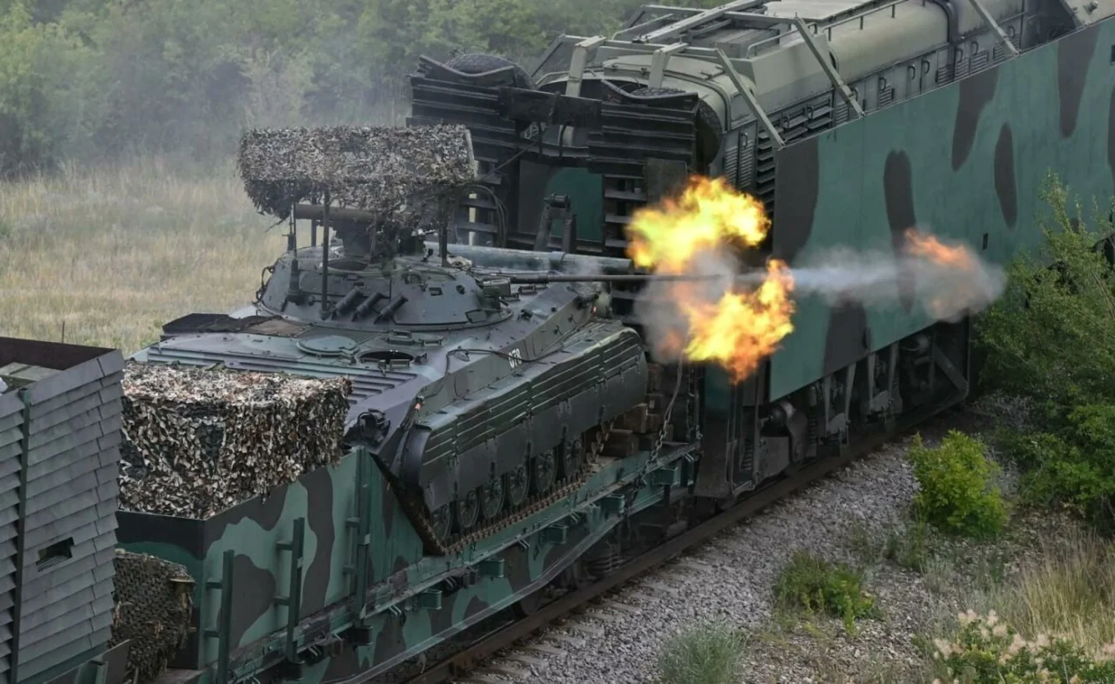 The Yenisei train Defense Express russia Shows Off the Yenisei Armored Train with the ZU-23-2 Cannon, BMP-2 Fighting Vehicle, and NSV Utyos Gun