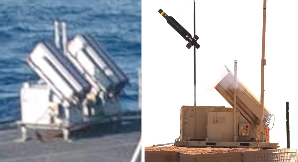 Comparison of the destroyer-mounted launcher and the Coyote Block 2 interceptor drone launcher