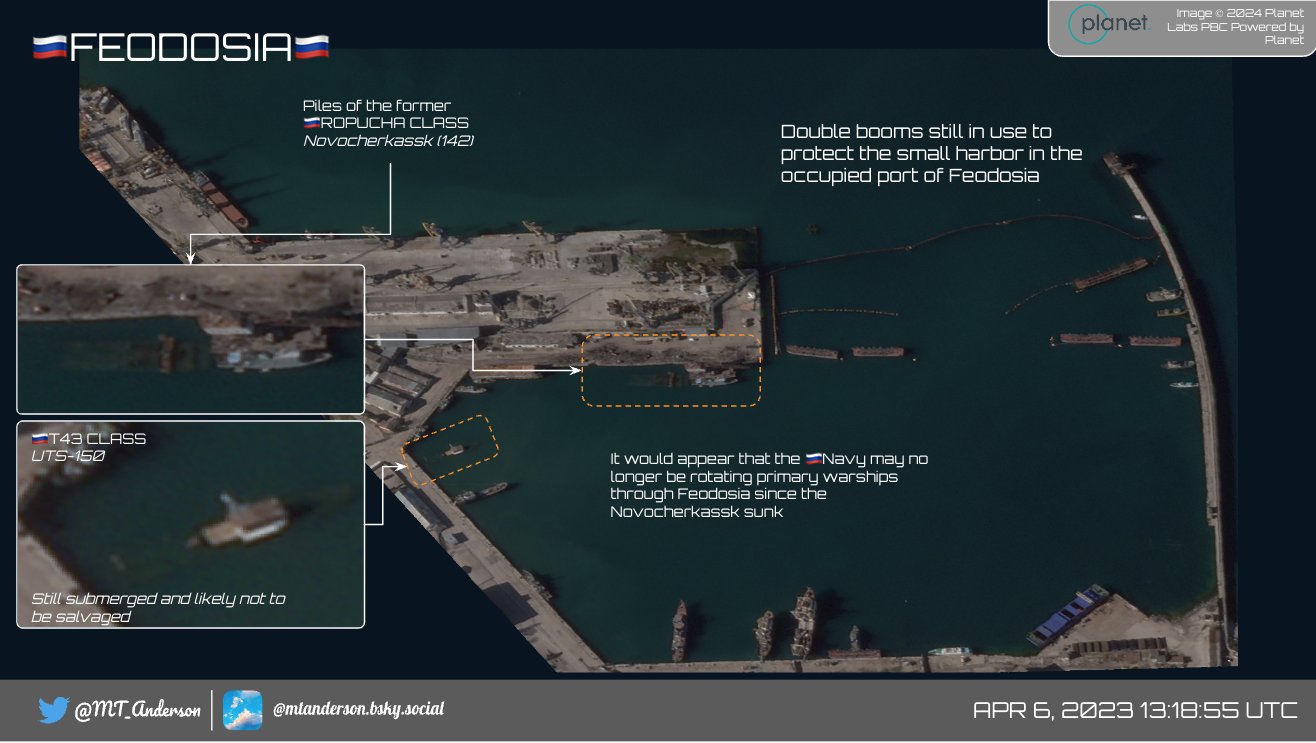The port of Feodosiia, April 6th, 2024 / Defense Express / Destruction of russian Novocherkassk Ship has Blocked One of Logistic Channels to Crimea (Satellite Photo)