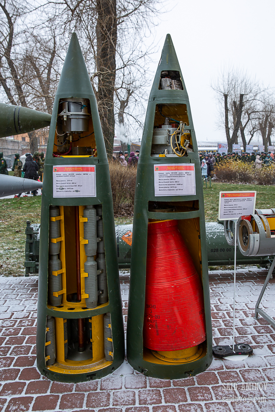 Cutaway view of the 9N123K cluster warhead and the 9N123F high-explosive fragmentation warhead