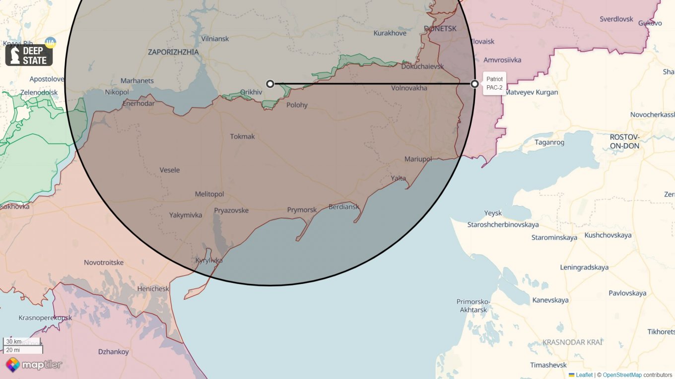 Coverage range of a GEM-T deployed at a hypothetical spot near the front line / Defense Express / Patriot SAMbush: New Details on Ukraine's Destruction of a russian A-50 in January 2024