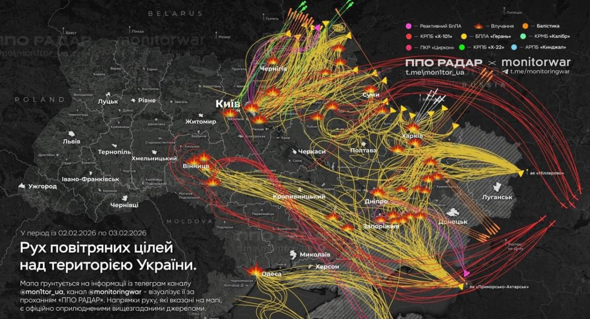 The MonitoringWar channel has published a diagram of how enemy targets moved during the attack on February 3