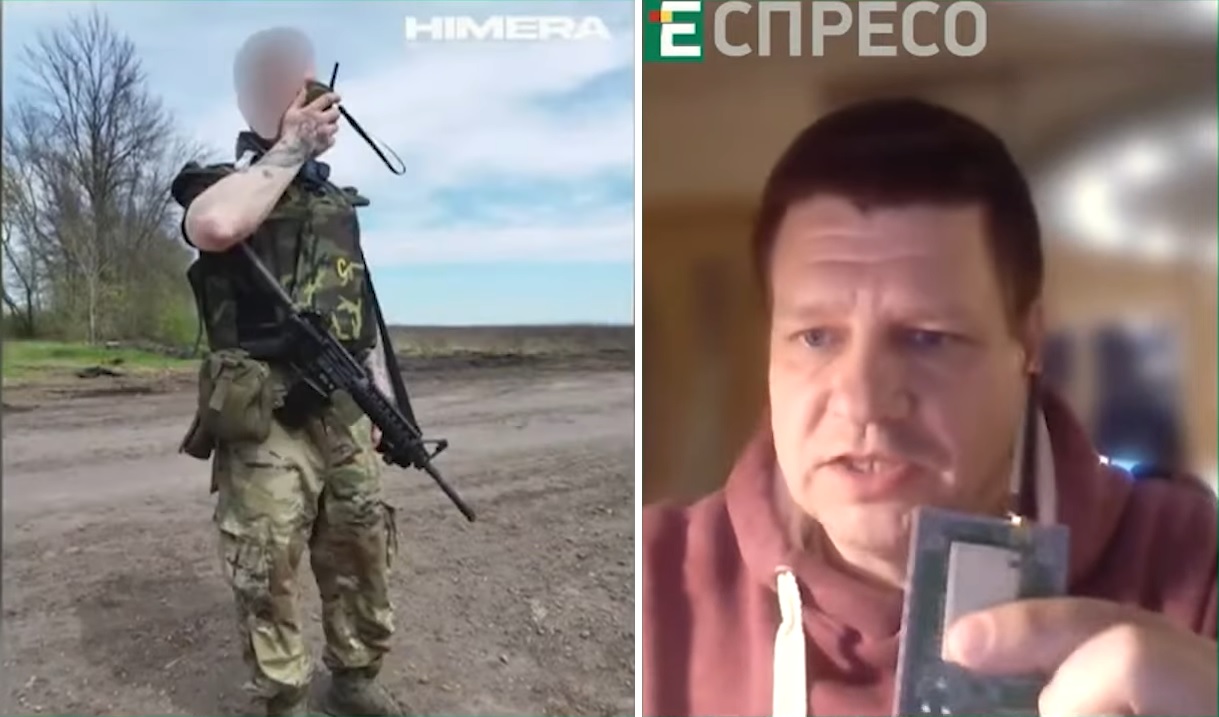 HIMERA spokesman Oleksii Oliinyk shows the modem for drone connection relay
