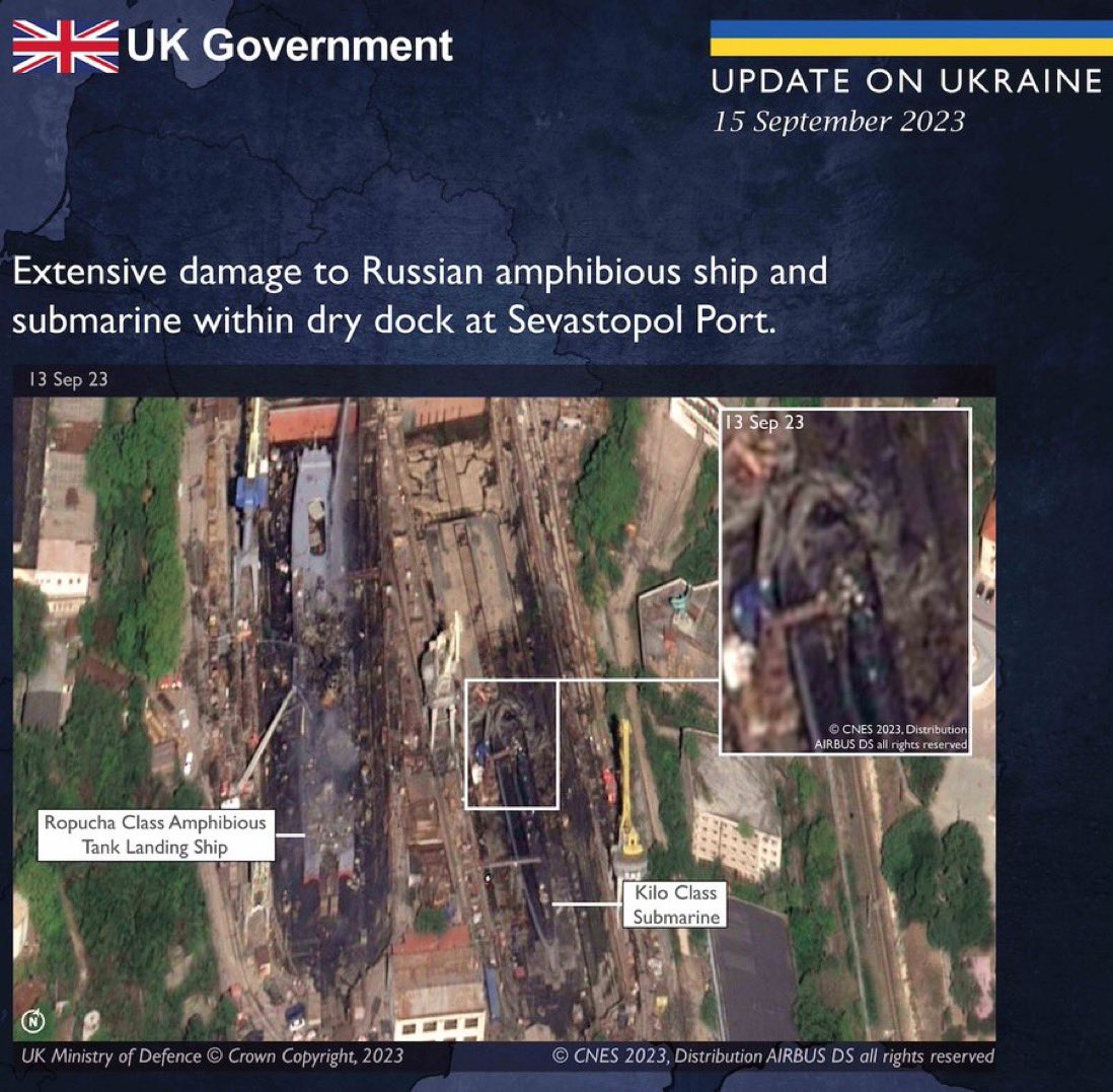 Damage to russian ships after the attack on 13 September 2023 / Photo credit: The UK MoD, Defense Express