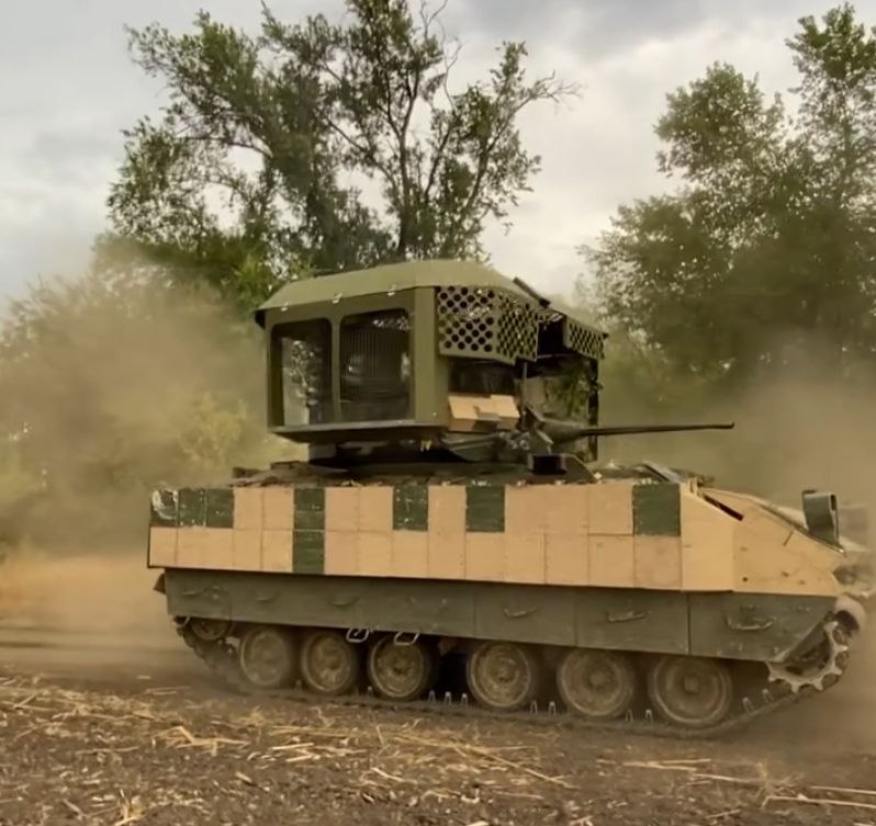 M2A2 Bradley ODS-SA with Tower 1 Anti-Drone Armor from Iron Nuts in service with the Armed Forces of Ukraine