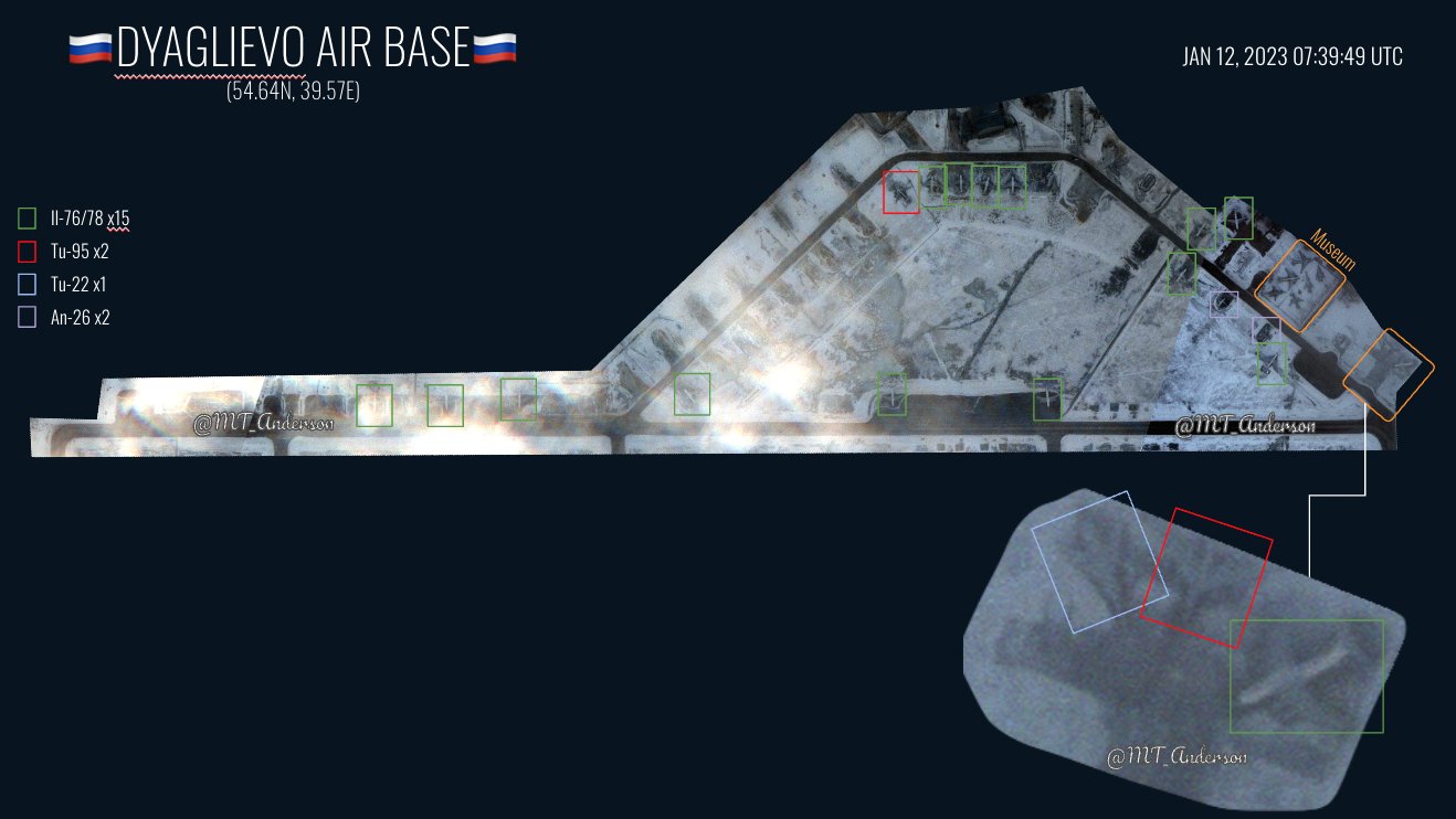 russian Tu-22M3, Tu-95MS and Il-76/Il-78 aircraft at the Dyagilevo airfield as of January 9, 2023, in the photo we can see protective barriers, Defense Express