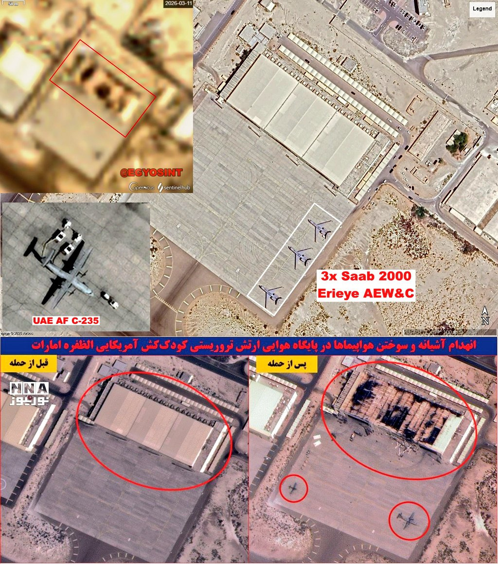 Satellite Images of UAE Air Base Reveal Possible Heavy Losses After Iranian Attacks, The affected hangars where the GlobalEye AWACS could be located
