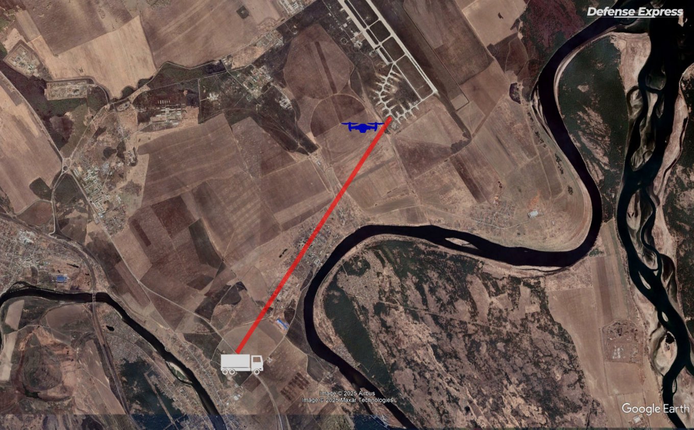 The schematic illustration of the FPV drone's route from the truck to the airfield / Defense Express / Could Go Wrong Any Moment: New Footage Shows How Much Time a Ukraine's Drone Operator Had to Strike the russian Tu-22M3