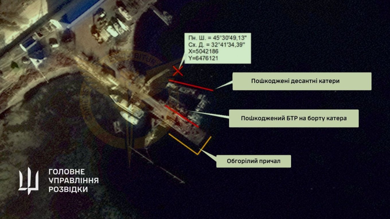 A satellite image by Ukraine's Defense Intelligence showing the affected landing craft, Defense Express