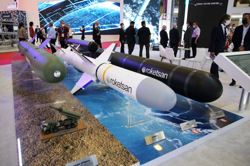 Roketsan's stand with KARA Atmaca missile during the IDEF-2021 exhibition