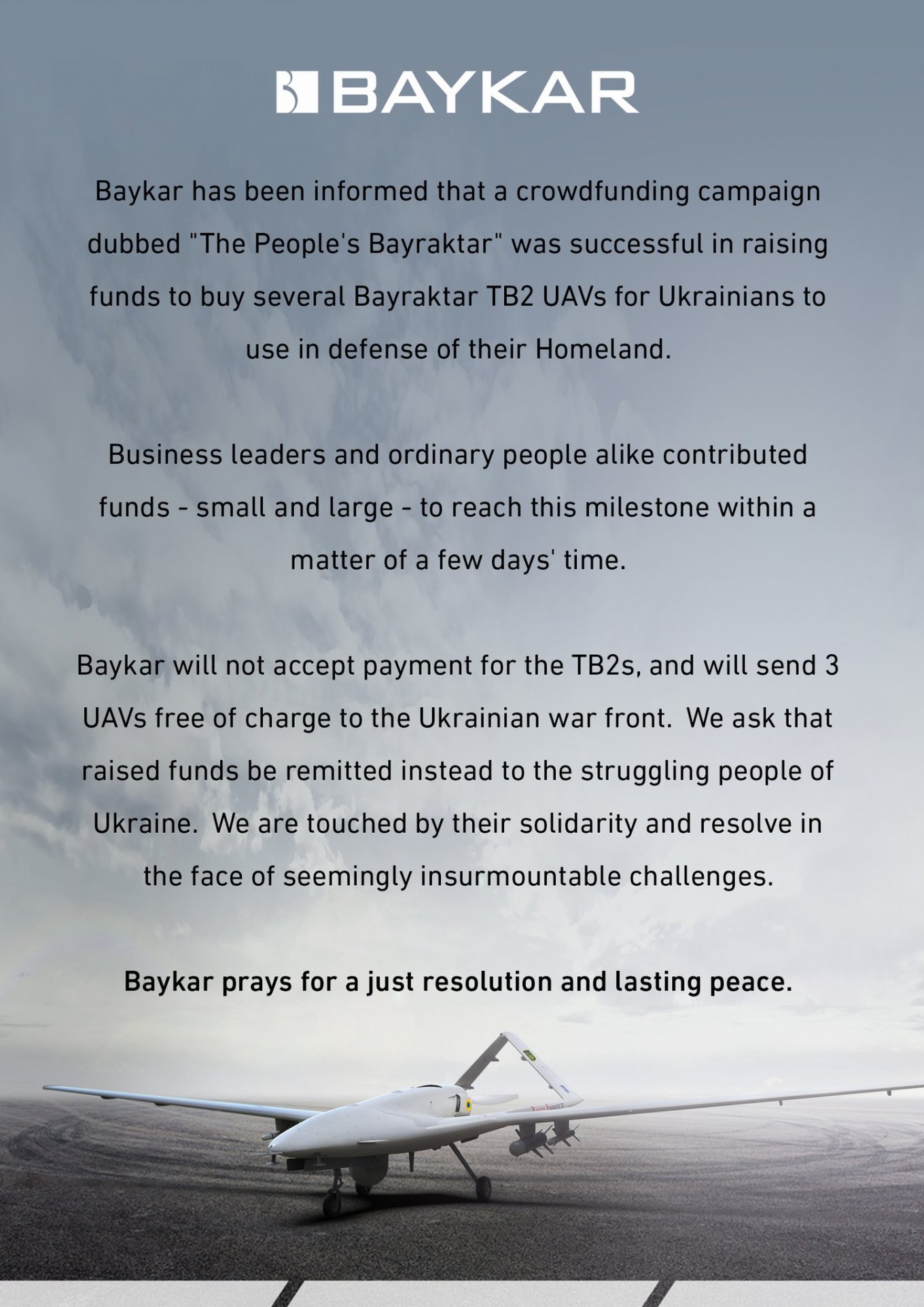 This is the note published by Baykar Makina after Ukrainians managed to fundraise the purchase of four Bayraktar drones for the Army / Polish People Join the ‘Flash Mob’ of Gathering Money for Bayraktar Drones for Ukraine