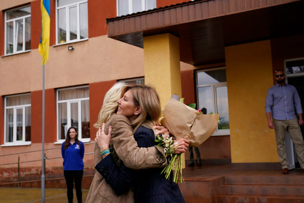 First lady Jill Biden hugs Olena Zelenska, spouse of Ukrainian's President Volodymyr Zelenskyy, outside of School 6, a public school that has taken in displaced students in Uzhhorod, Ukraine, on May 8, 2022. , Defense Express
