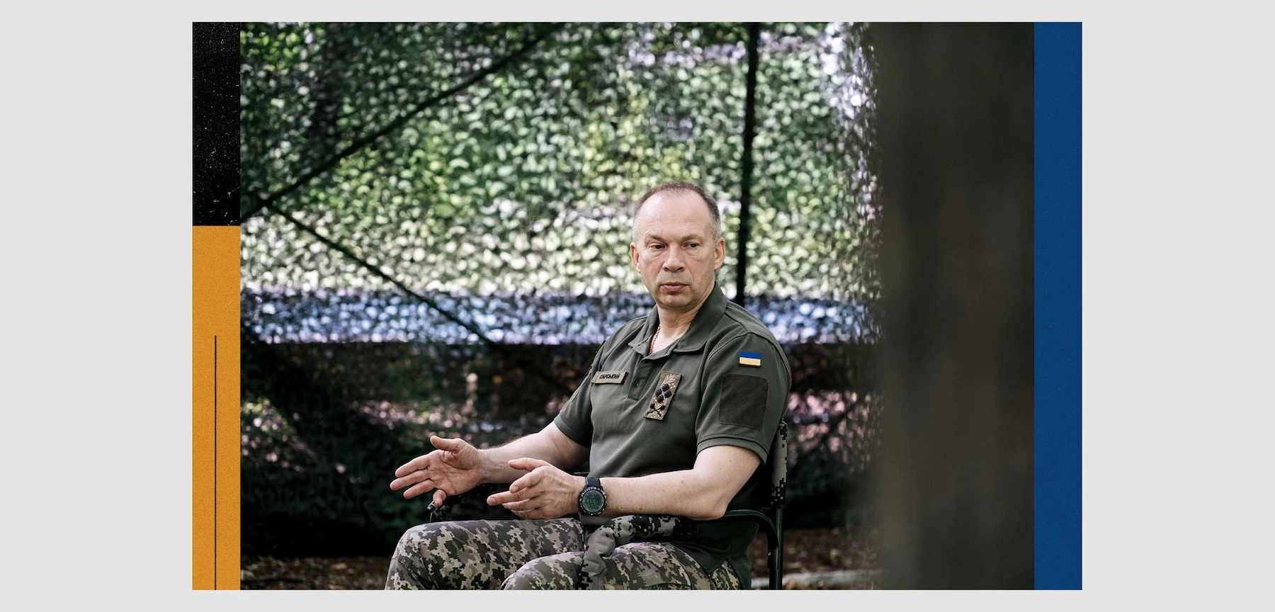 Ukrainian Gen. Col. Oleksandr Syrsky during a June interview in the country's east. (Emily Sabens/The Washington Post; Anastasia Vlasova for The Washington Post, Defense Express